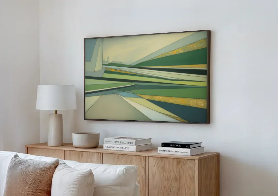 Vake Park Serenity canvas wall art above a wooden sideboard next to a sofa