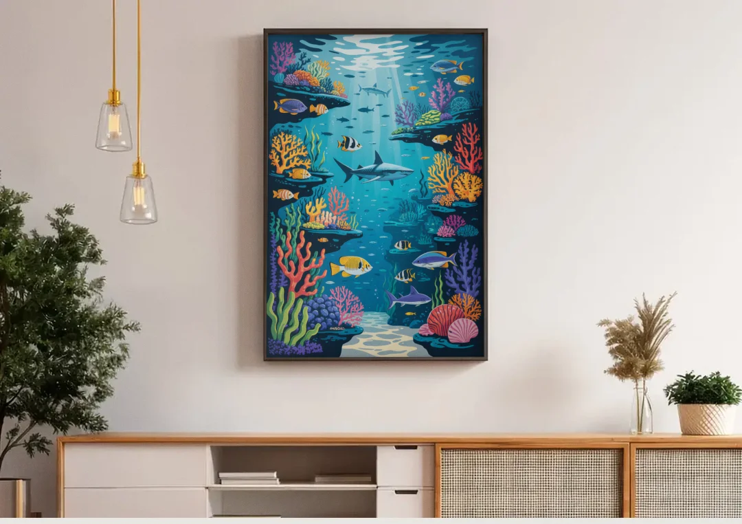 Vancouver Aquarium Life canvas wall art above a wooden sideboard under pendant lights
