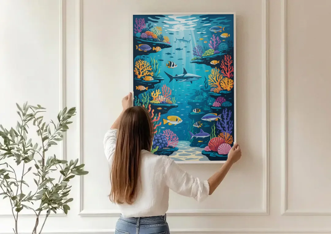 Vancouver Aquarium Life canvas wall art being hung on a paneled wall