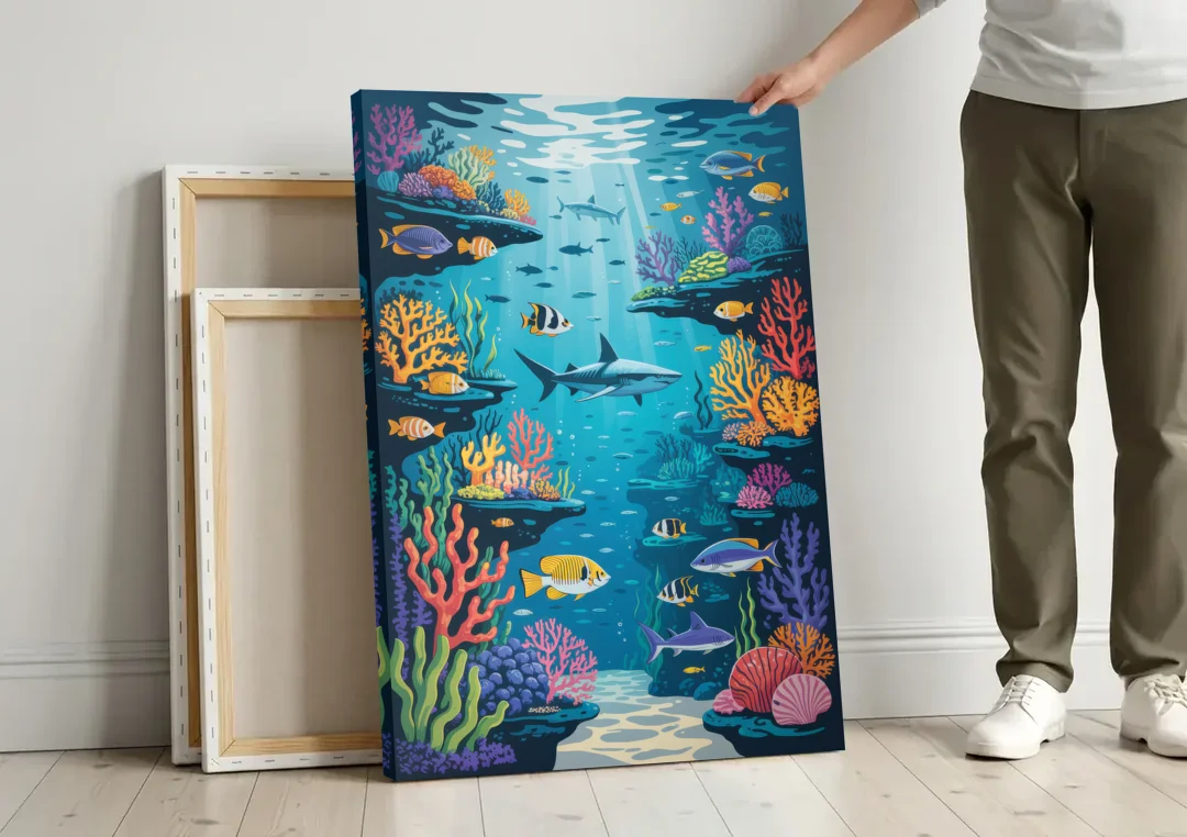 Vancouver Aquarium Life canvas wall art leaning against a wall next to blank canvases