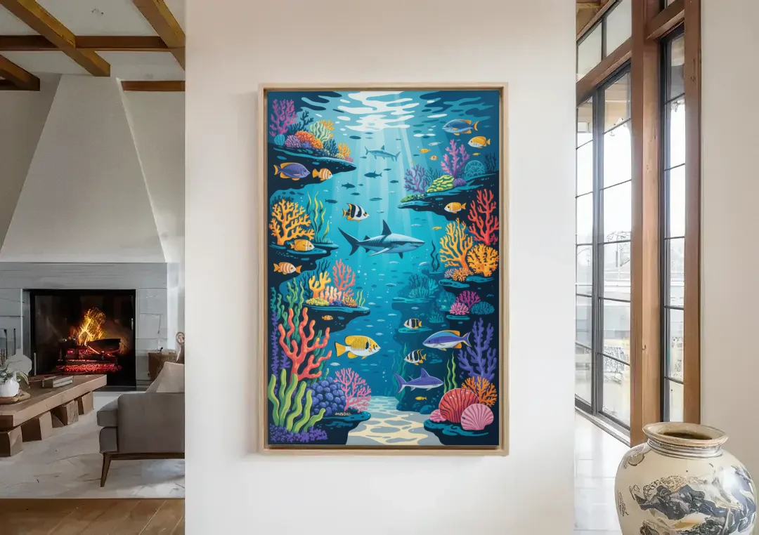 Vancouver Aquarium Life canvas wall art in a living room with a fireplace