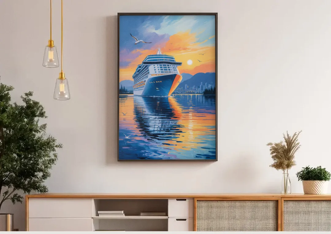 Vancouver Cruise Ship Terminal canvas wall art above a wooden sideboard under pendant lights