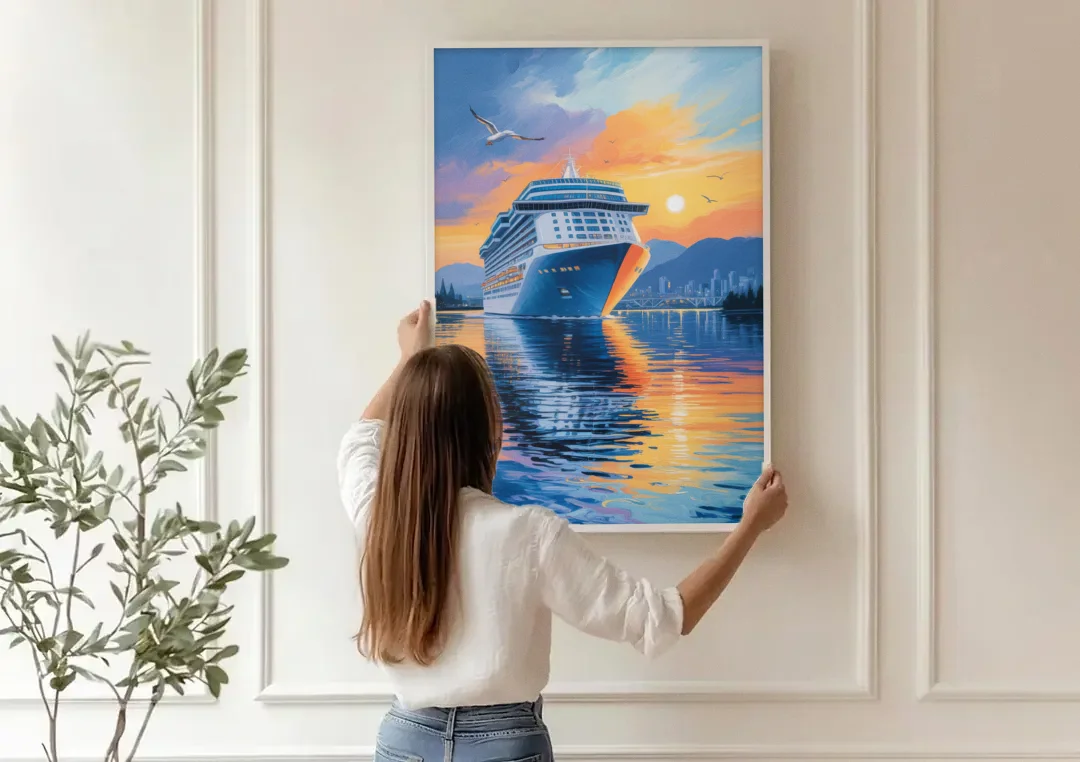 Vancouver Cruise Ship Terminal canvas wall art being hung on a paneled wall