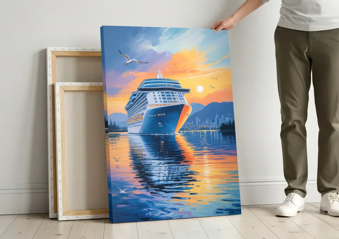Vancouver Cruise Ship Terminal canvas wall art leaning against a wall next to blank canvases