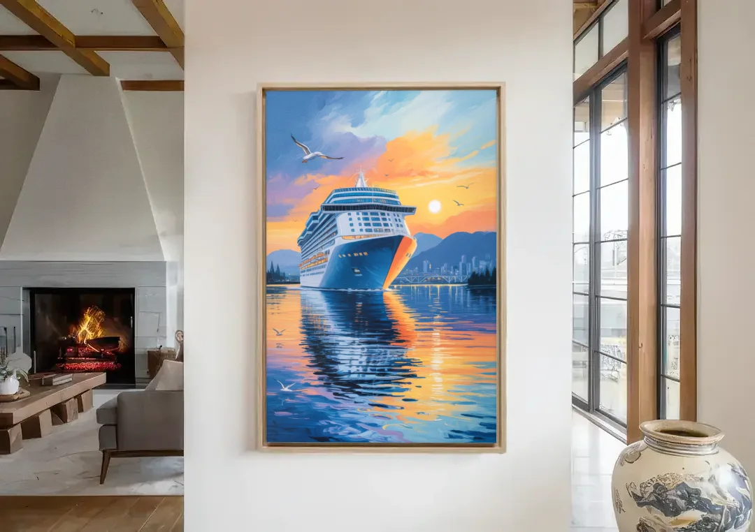 Vancouver Cruise Ship Terminal canvas wall art in a living room with a fireplace