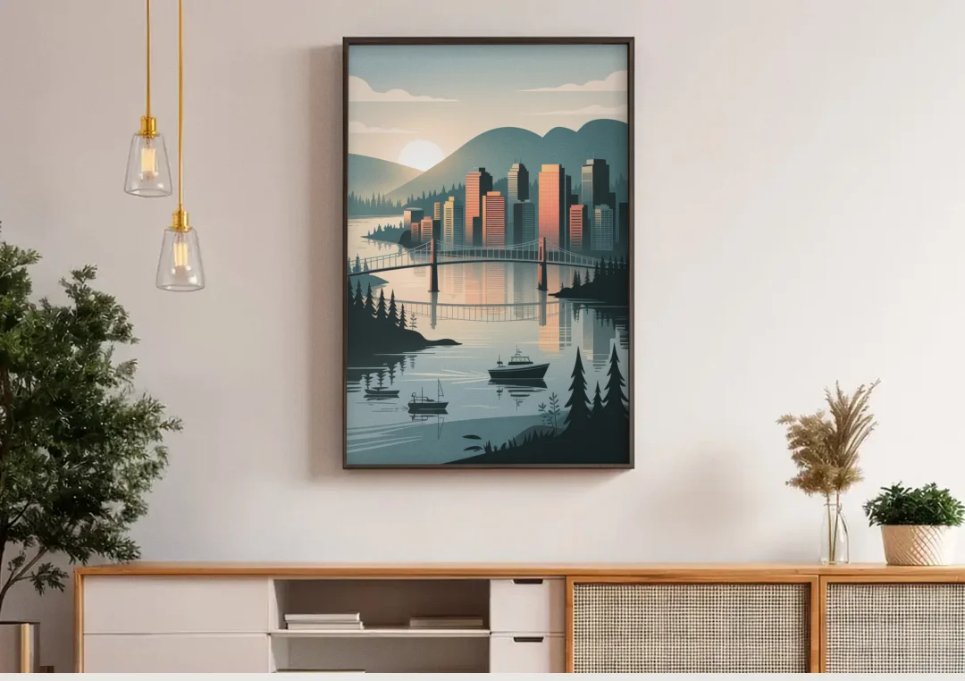 Vancouver Downtown Skyline canvas wall art above a wooden sideboard under pendant lights