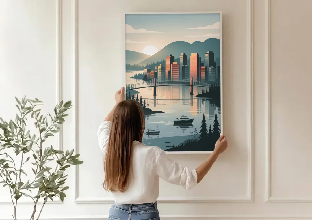 Vancouver Downtown Skyline canvas wall art being hung on a paneled wall