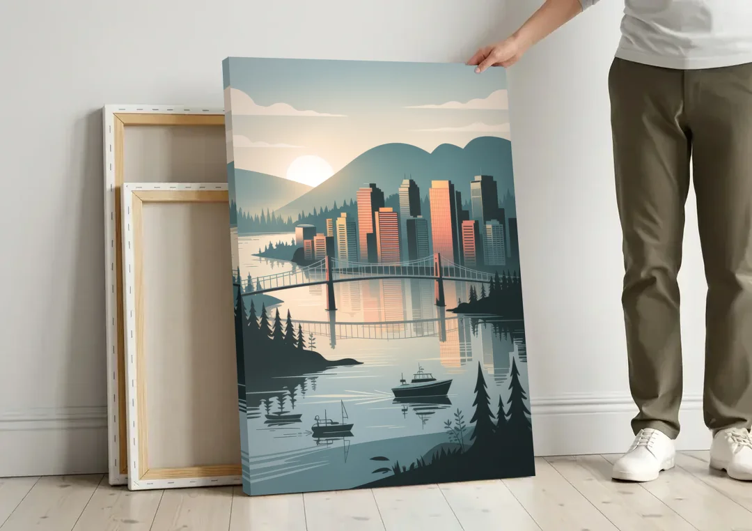 Vancouver Downtown Skyline canvas wall art leaning against a wall next to blank canvases