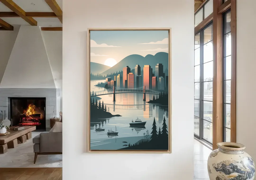 Vancouver Downtown Skyline canvas wall art in a living room with a fireplace