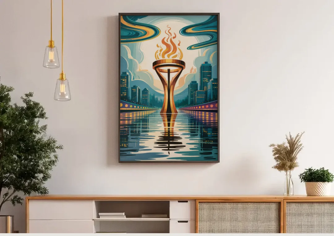 Vancouver Olympic Cauldron canvas wall art above a wooden sideboard under pendant lights