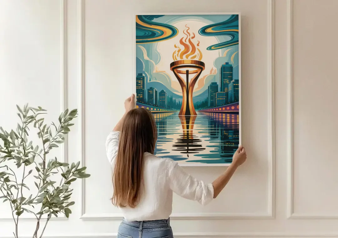 Vancouver Olympic Cauldron canvas wall art being hung on a paneled wall