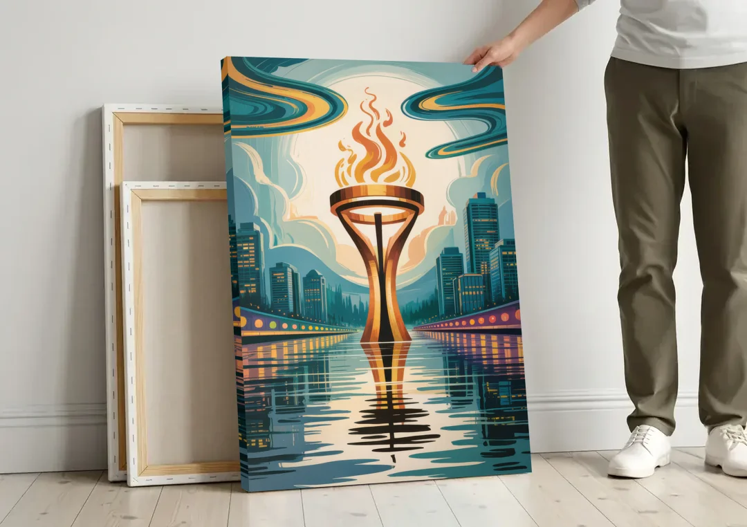 Vancouver Olympic Cauldron canvas wall art leaning against a wall next to blank canvases