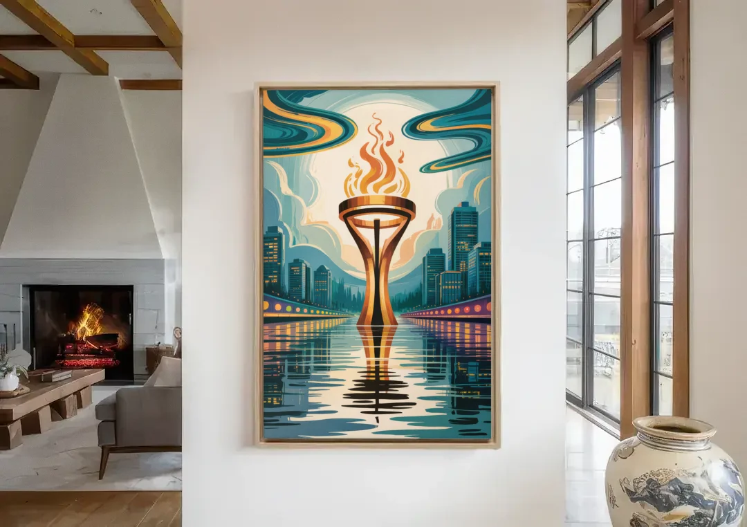 Vancouver Olympic Cauldron canvas wall art in a living room with a fireplace
