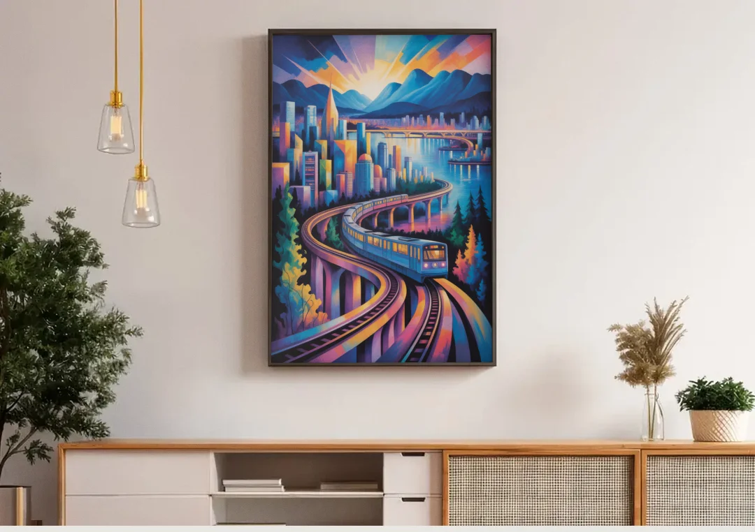 Vancouver SkyTrain canvas wall art above a wooden sideboard under pendant lights