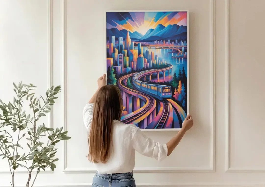 Vancouver SkyTrain canvas wall art being hung on a paneled wall