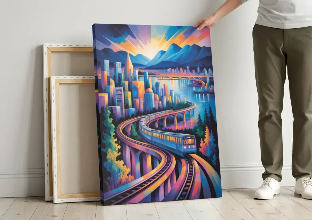 Vancouver SkyTrain canvas wall art leaning against a wall next to blank canvases