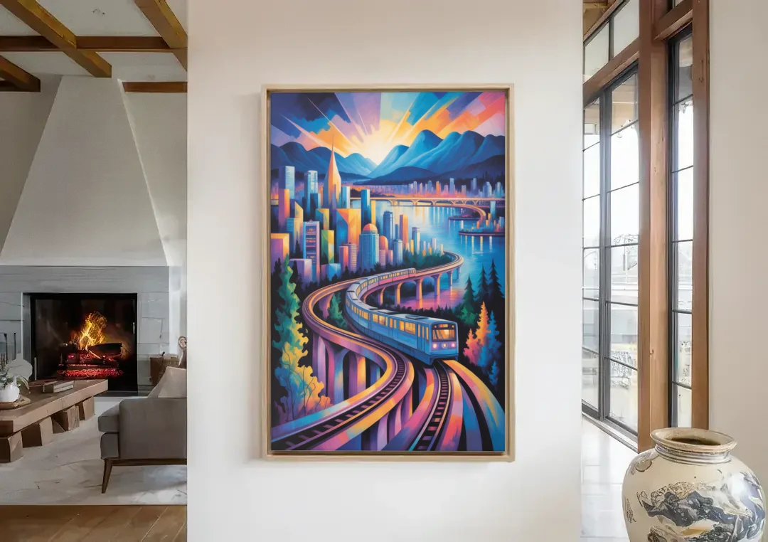 Vancouver SkyTrain canvas wall art in a living room with a fireplace