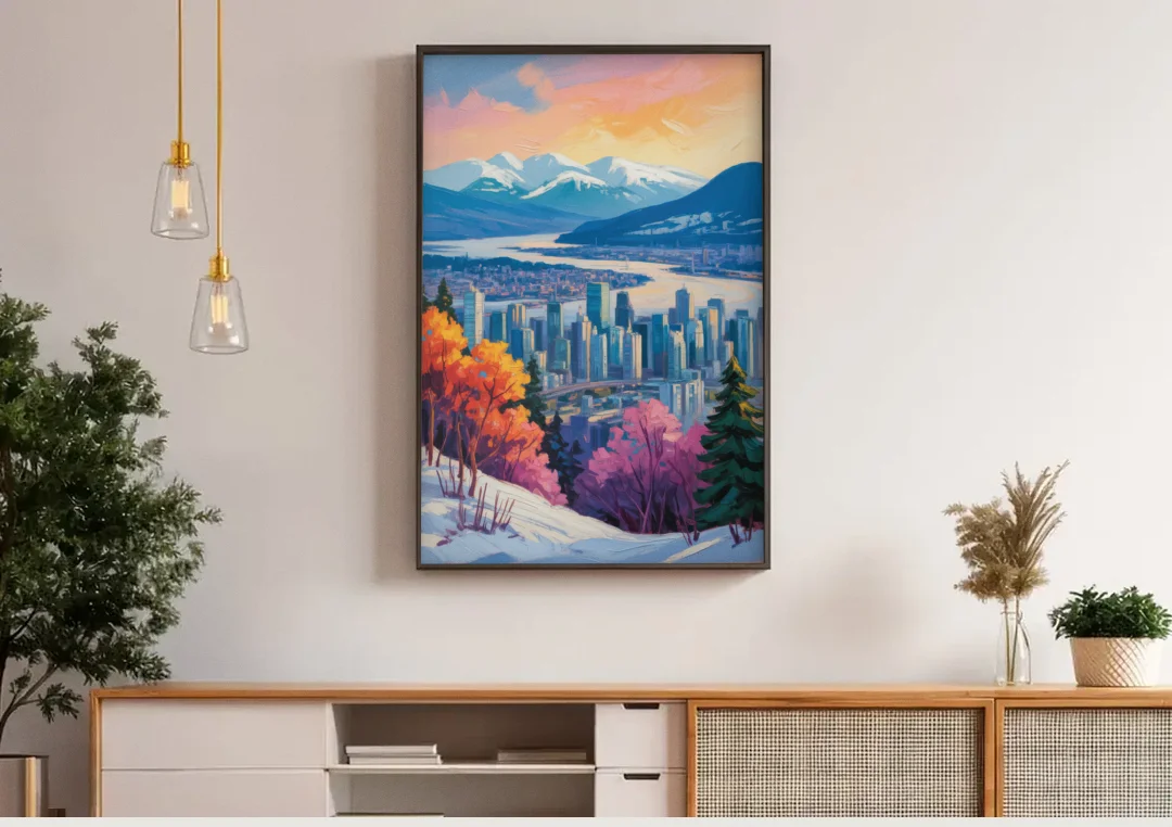 Vancouver Snowy Mountains canvas wall art above a wooden sideboard under pendant lights