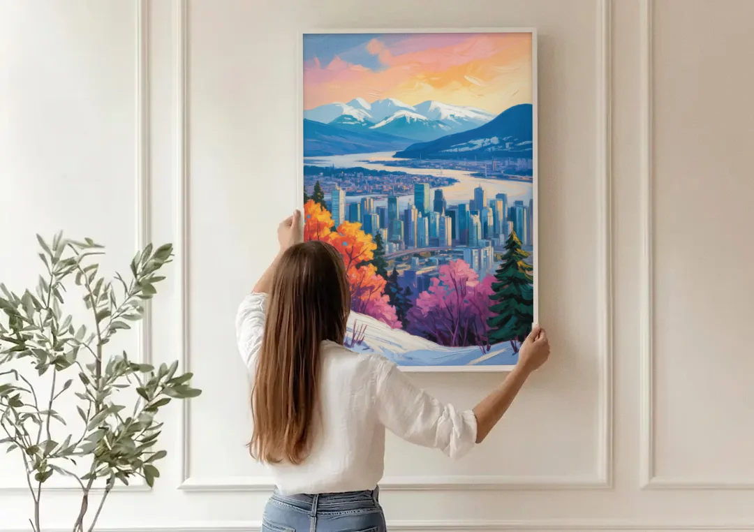 Vancouver Snowy Mountains canvas wall art being hung on a paneled wall