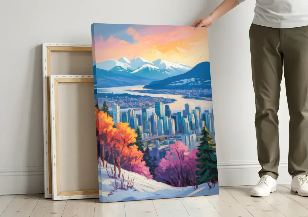 Vancouver Snowy Mountains canvas wall art leaning against a wall next to blank canvases
