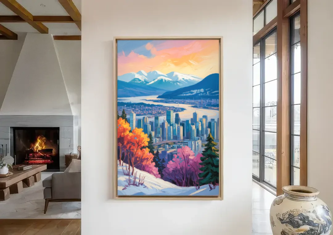 Vancouver Snowy Mountains canvas wall art in a living room with a fireplace