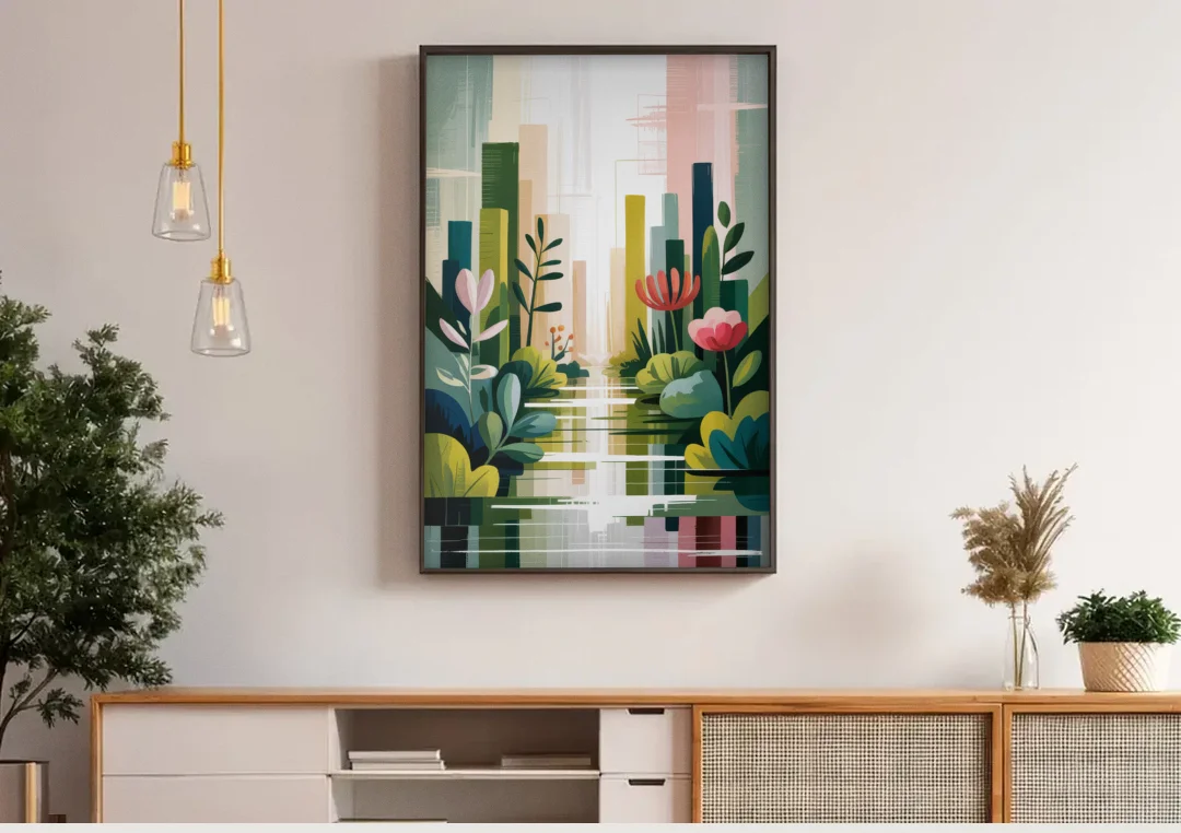 VanDusen Botanical Garden canvas wall art above a wooden sideboard under pendant lights