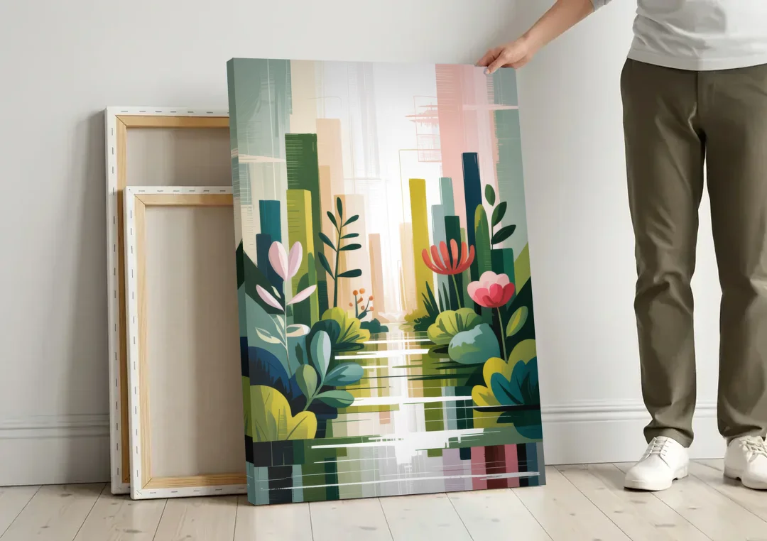 VanDusen Botanical Garden canvas wall art leaning against a wall next to blank canvases
