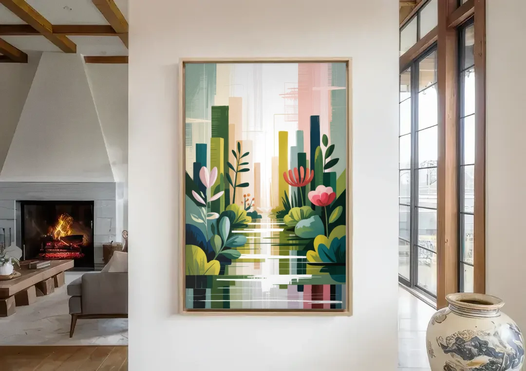 VanDusen Botanical Garden canvas wall art in a living room with a fireplace