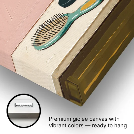 Vanity Wall Art with Round Mirror and Hairbrush - Canvas Wall Art - Gallery Wrap Corner