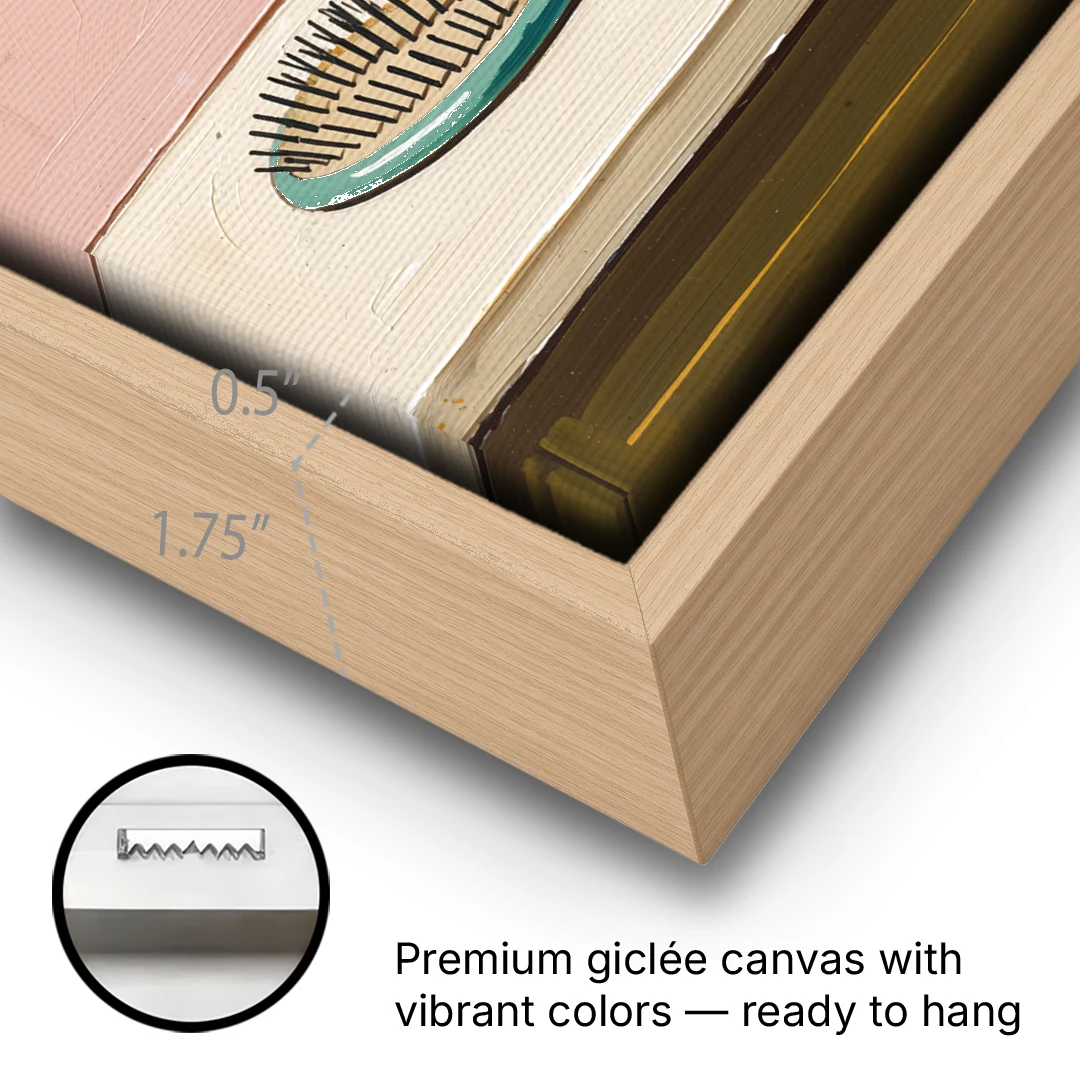 Vanity Wall Art with Round Mirror and Hairbrush - Oak Framed Canvas Wall Art - Gallery Wrap Corner