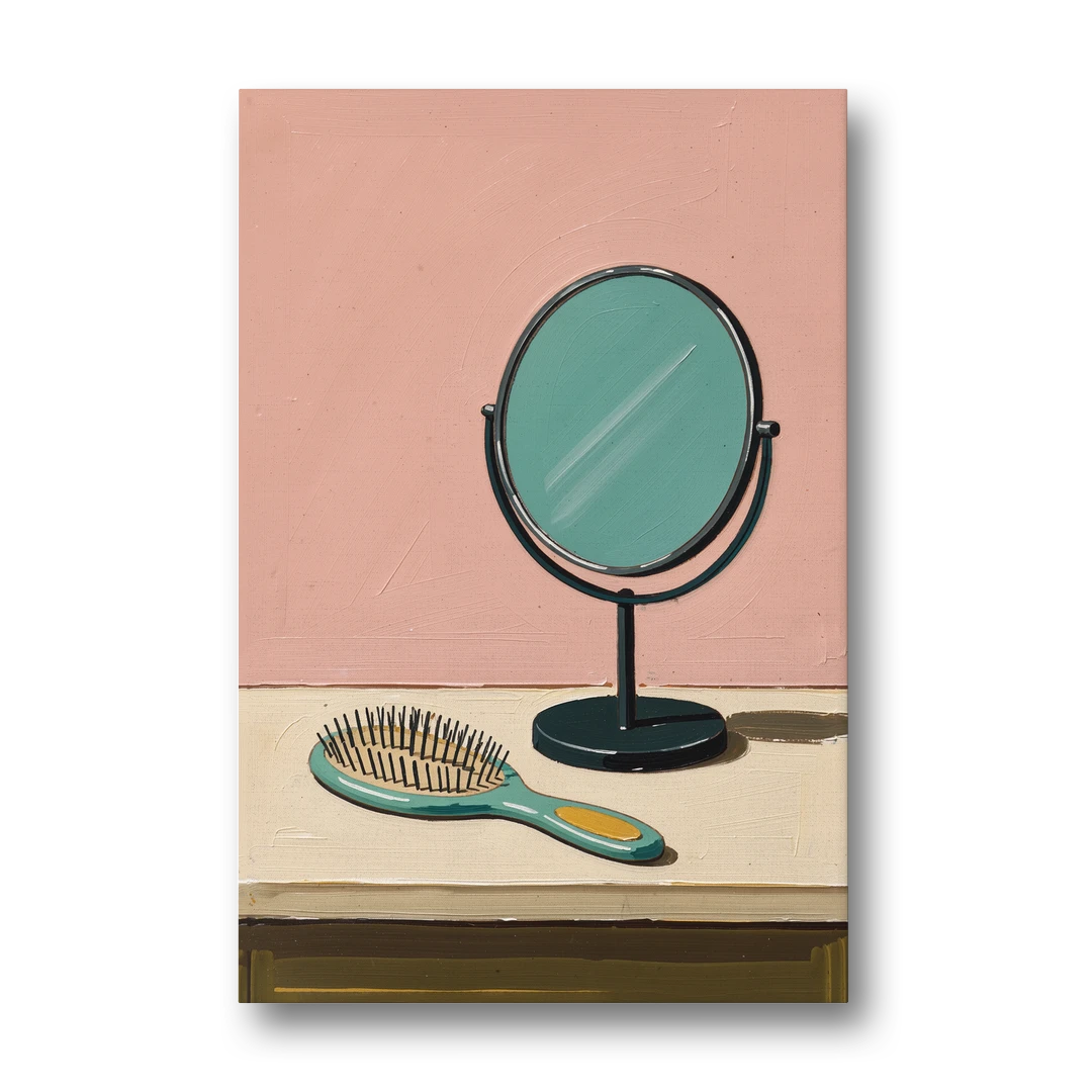 Vanity Wall Art with Round Mirror and Hairbrush - Canvas Wall Art - Front