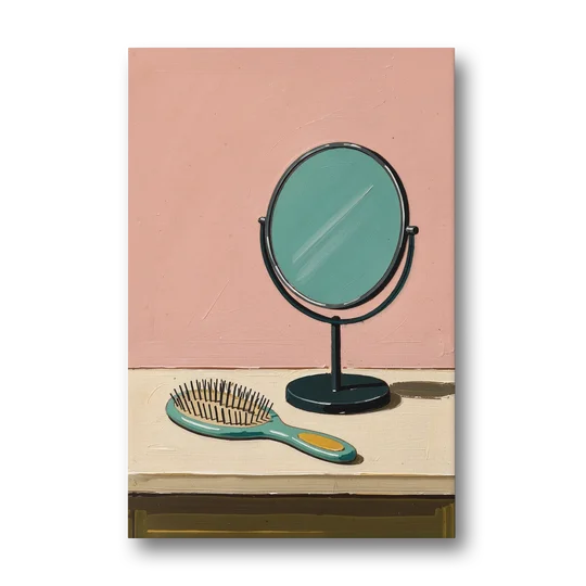 Vanity Wall Art with Round Mirror and Hairbrush - Canvas Wall Art - Front
