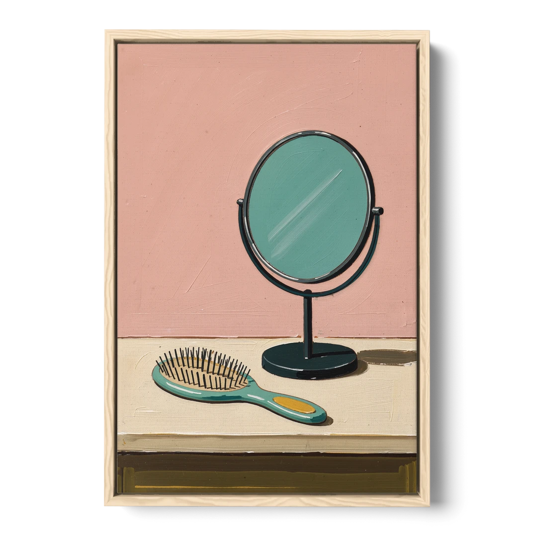 Vanity Wall Art with Round Mirror and Hairbrush - Oak Framed Canvas Wall Art - Front