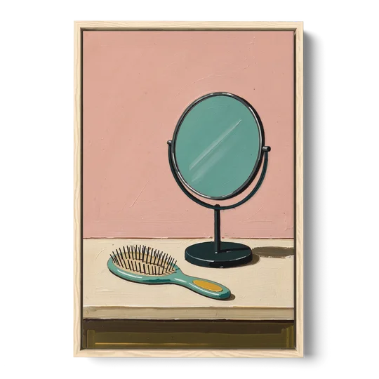 Vanity Wall Art with Round Mirror and Hairbrush - Oak Framed Canvas Wall Art - Front