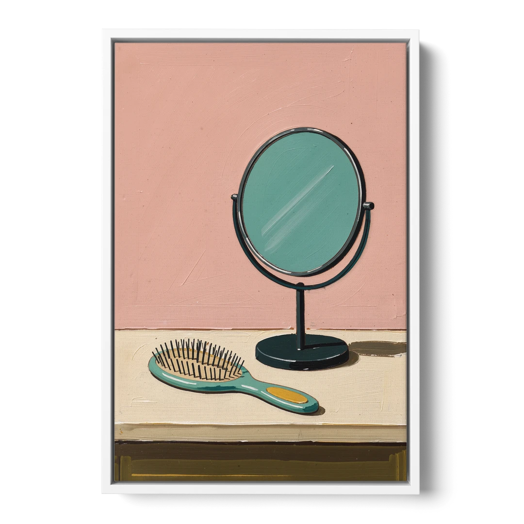 Vanity Wall Art with Round Mirror and Hairbrush - White Framed Canvas Wall Art - Front