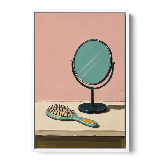 Vanity Wall Art with Round Mirror and Hairbrush - White Framed Canvas Wall Art - Front
