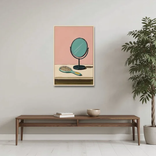 Vanity Wall Art with Round Mirror and Hairbrush - Oak Framed Canvas Wall Art - Coffee Table - 24x36