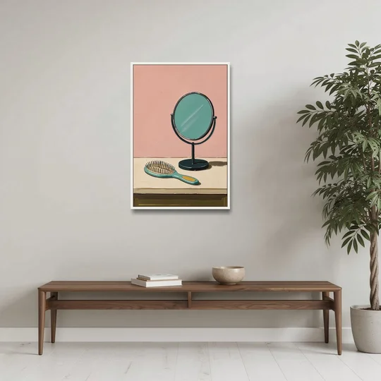 Vanity Wall Art with Round Mirror and Hairbrush - White Framed Canvas Wall Art - Coffee Table - 24x36