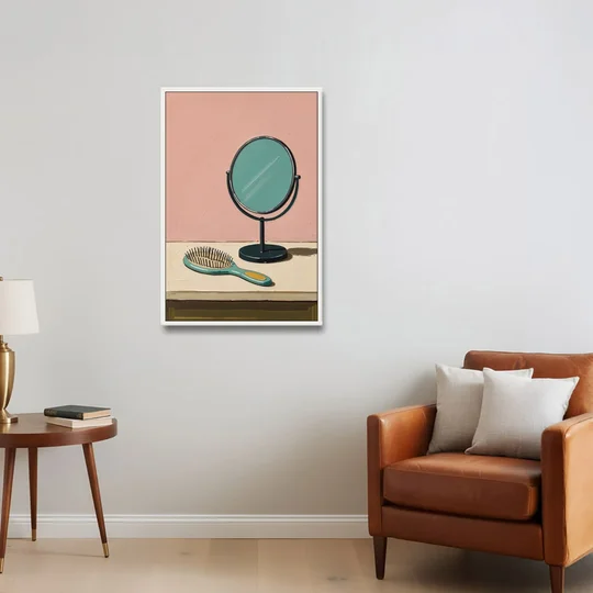 Vanity Wall Art with Round Mirror and Hairbrush - White Framed Canvas Wall Art - Sofa - 24x36