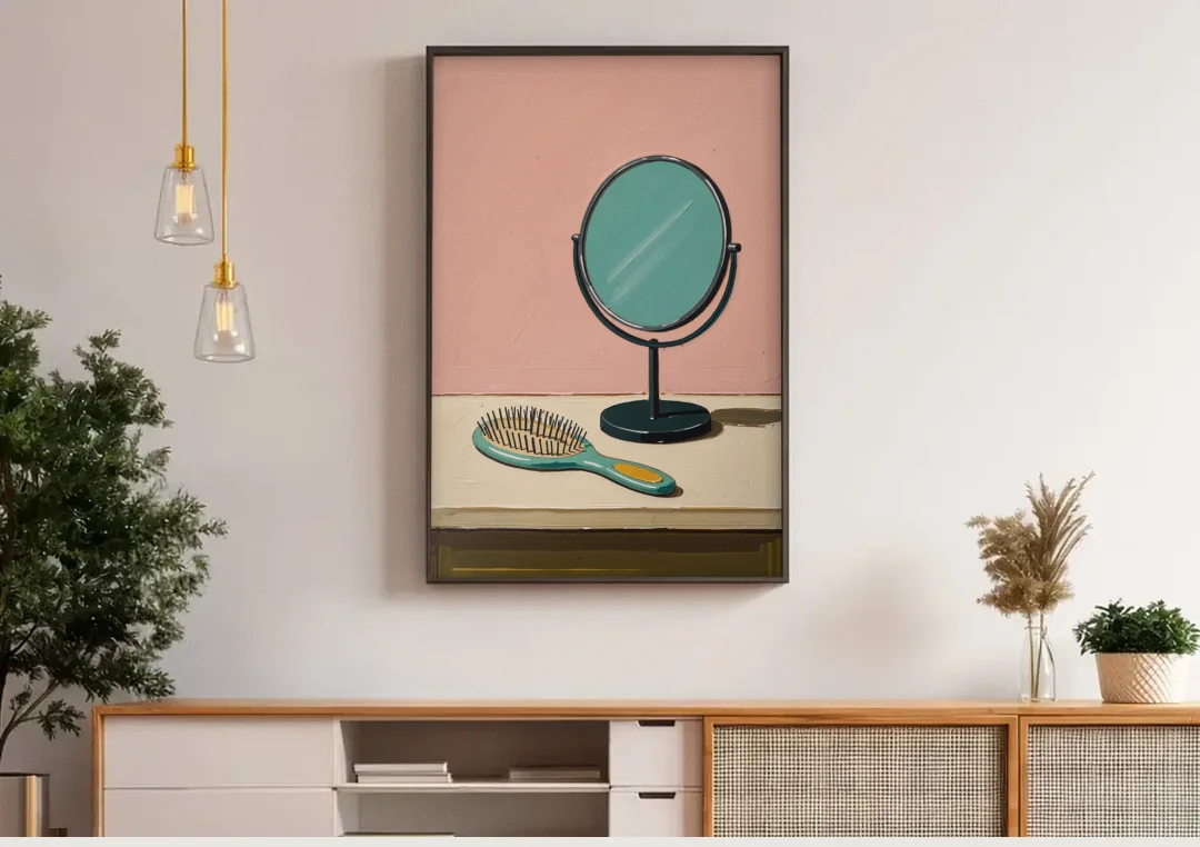 Vanity Wall Art with Round Mirror and Hairbrush canvas wall art above a wooden sideboard under pendant lights