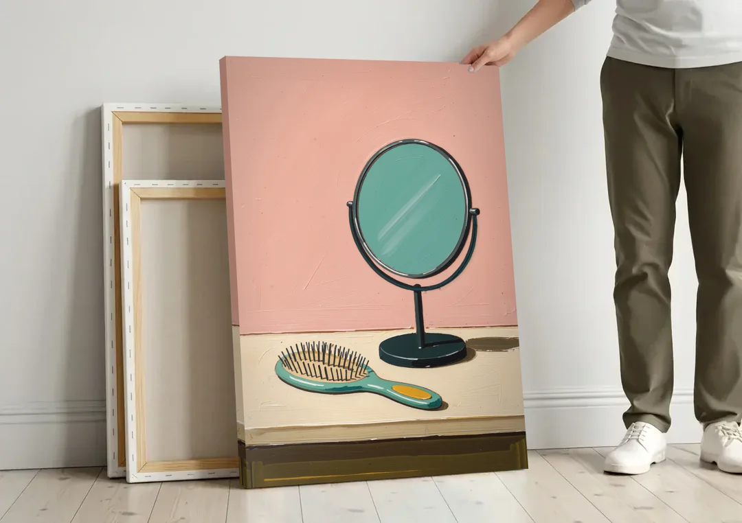 Vanity Wall Art with Round Mirror and Hairbrush canvas wall art leaning against a wall next to blank canvases
