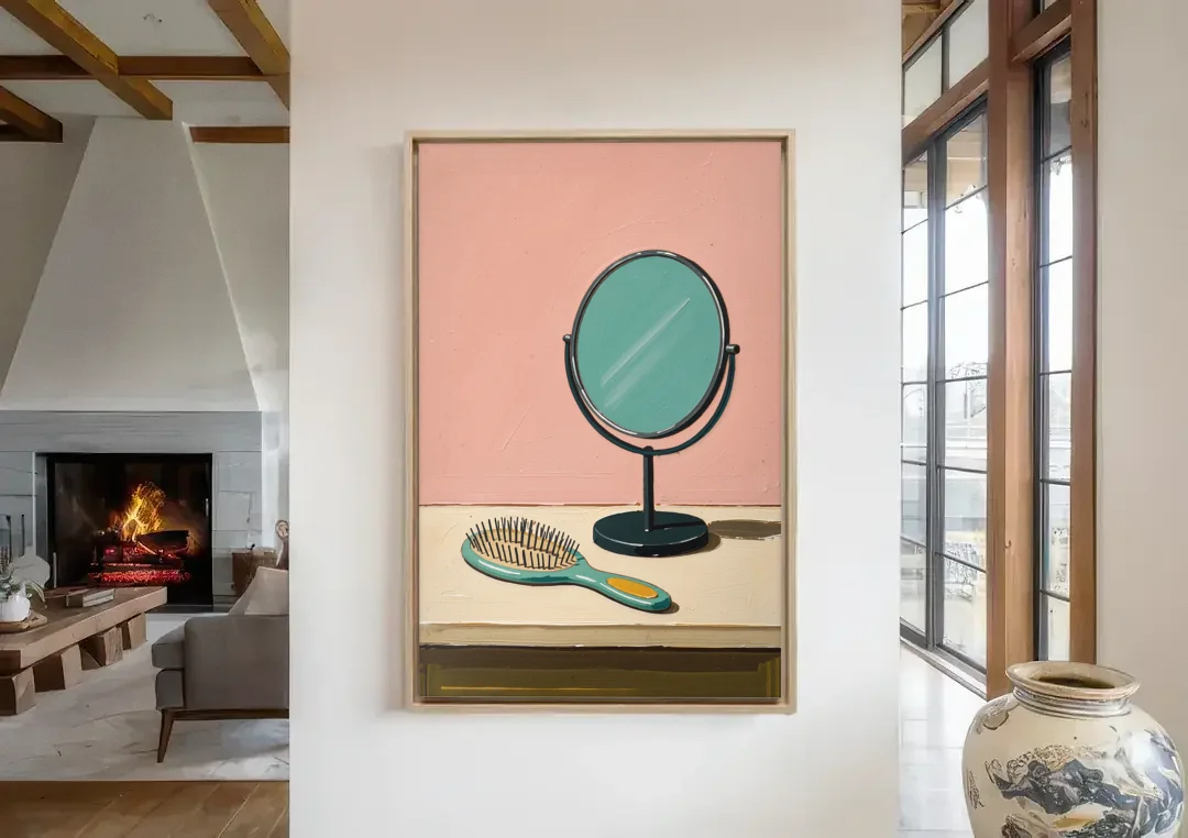 Vanity Wall Art with Round Mirror and Hairbrush canvas wall art in a living room with a fireplace