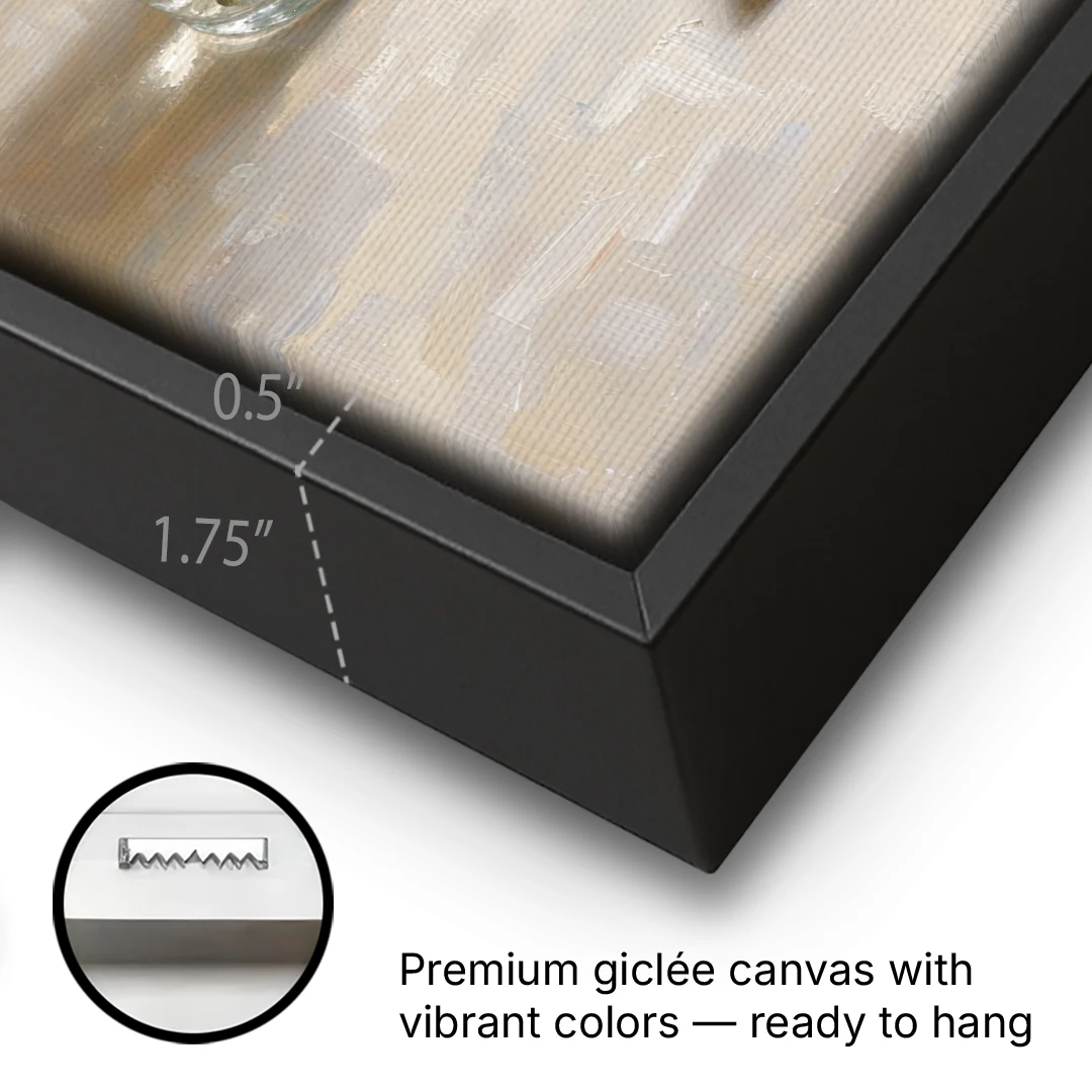 Vase of Flowers Painting with a Brass Key - Black Framed Canvas Wall Art - Gallery Wrap Corner