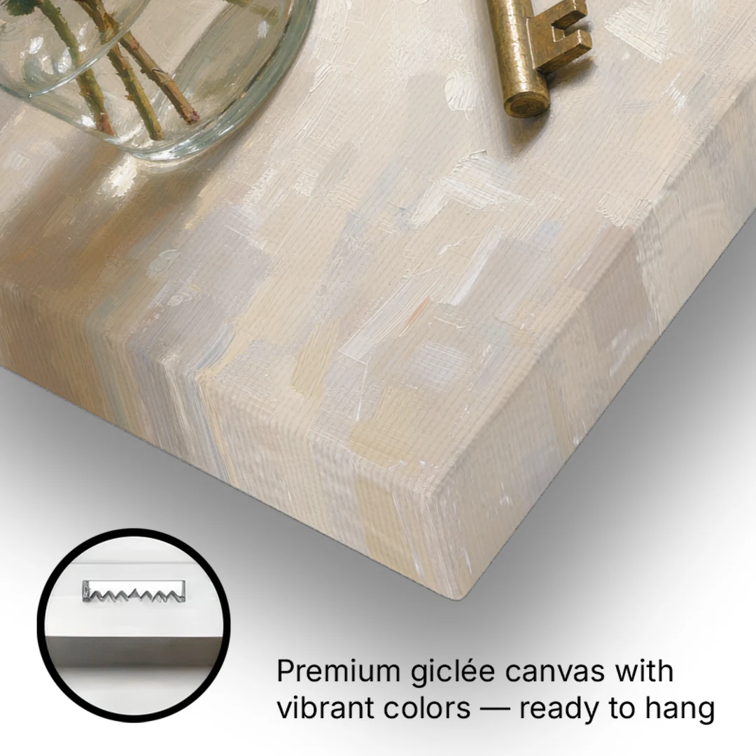Vase of Flowers Painting with a Brass Key - Canvas Wall Art - Gallery Wrap Corner