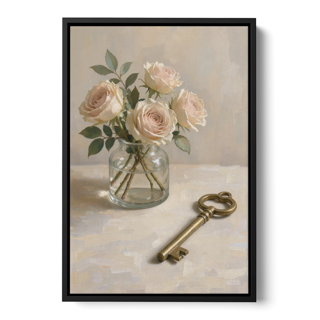 Vase of Flowers Painting with a Brass Key - Black Framed Canvas Wall Art - Front