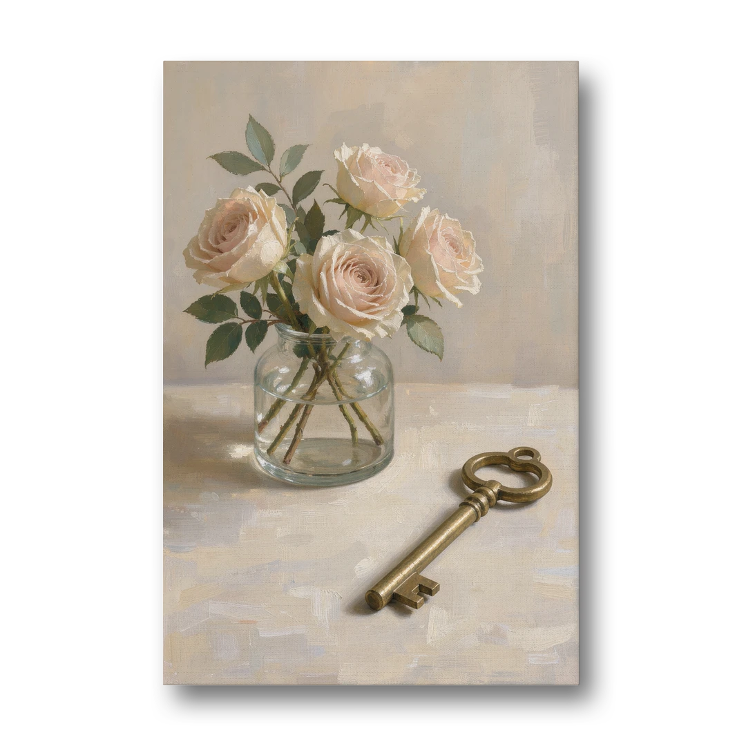 Vase of Flowers Painting with a Brass Key - Canvas Wall Art - Front
