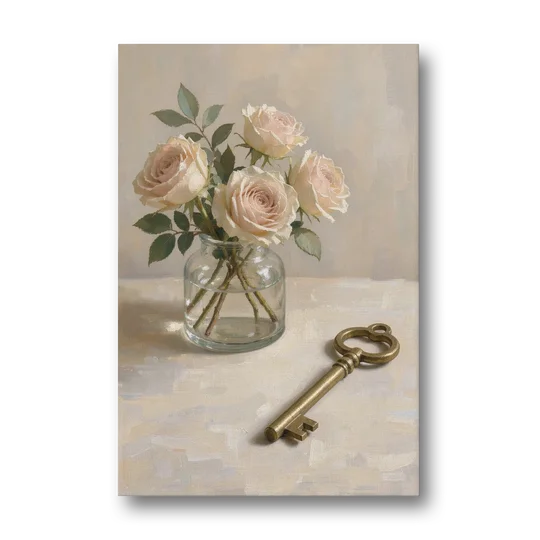 Vase of Flowers Painting with a Brass Key - Canvas Wall Art - Front