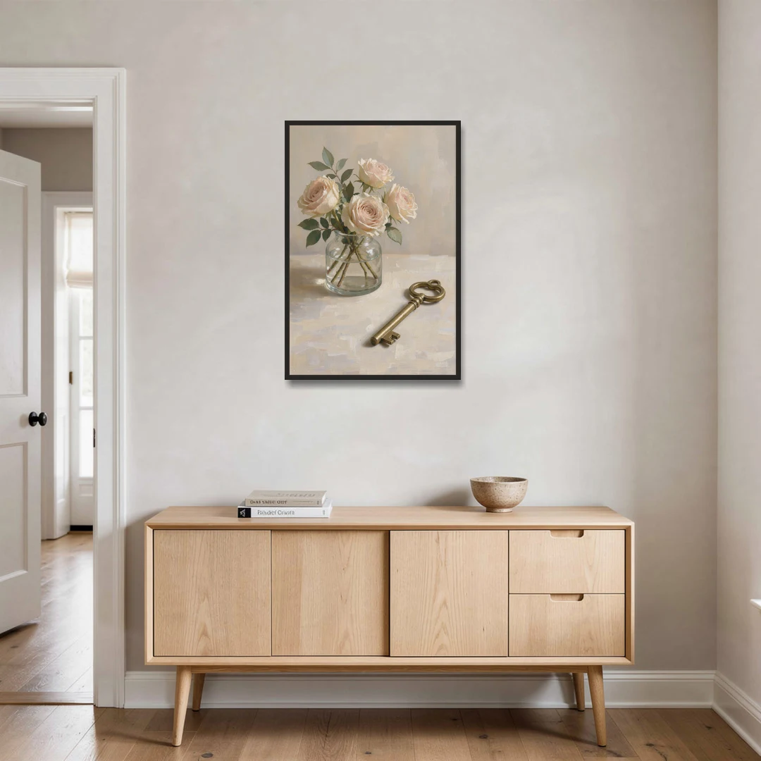 Vase of Flowers Painting with a Brass Key - Black Framed Canvas Wall Art - Coffee Table - 24x36