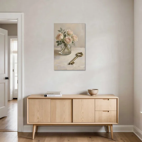Vase of Flowers Painting with a Brass Key - Canvas Wall Art - Coffee Table - 24x36