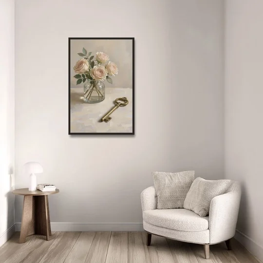 Vase of Flowers Painting with a Brass Key - Black Framed Canvas Wall Art - Sofa - 24x36